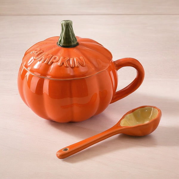 Large Ceramic Pumpkin Breakfast Cup with Lid and Spoon